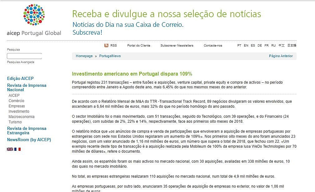 Investimento americano em Portugal dispara 109%